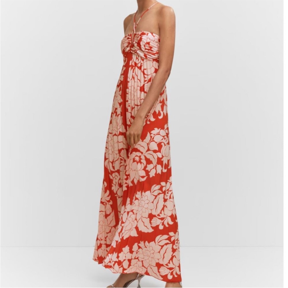 Mango Strapless Floral Dress - Red and Cream